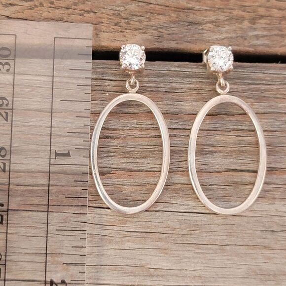 Sterling Silver CZ Post Oval Hoop Drop Earrings - Picture 4 of 6